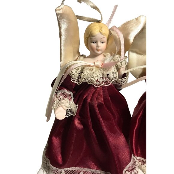 Angel Ornaments Set Of 3 With Deep Wine Lace Dresses & Satin Wings Ceramic Vtg - Picture 4 of 16